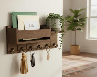 Rustikaler Holz-Schlüsselhalter mit Regal, an der Wand befestigtes Schlüsselbrett, Eingangspost-Organizer mit 6 Haken, Bauernhaus-Holz-Schlüsselaufhänger für Zuhause