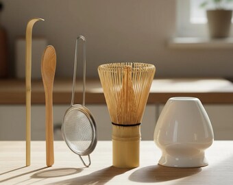 Japanese Matcha Whisk Set – Bamboo Matcha Starter Kit with Whisk Holder, Scoop & Strainer, Tea Lover Gift Set