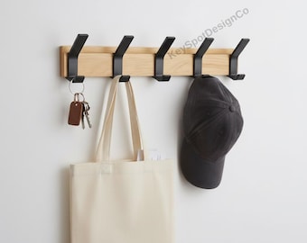 Nordic Wandgarderobe mit 5 beweglichen Haken | Aluminium & Holz Kleiderbügel für Hüte, Handtücher, Bademäntel | Moderner Eingangsbereich