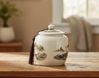 Vintage Ceramic Tea Canister with Lid, Airtight Tea Storage Jar, Coffee Bean Container, Kitchen Decor, Tea Lover Gift