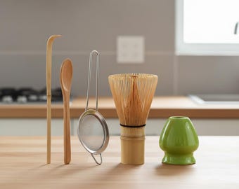 Japanese Matcha Whisk Set – Bamboo Matcha Starter Kit with Whisk Holder, Scoop & Strainer, Tea Lover Gift Set