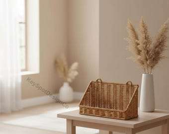 Rattan Wandkorb mit Haken | Schlüsselhalter & Mail-Organizer | Rustikaler Weiden-Wand-Aufbewahrung für Eingangsbereich, Bad, Küchen-Dekor