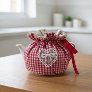 Peut inclure: Une théière en céramique blanche recouverte d'une housse en tissu vichy rouge et blanc. La housse présente un haut à volants, un ruban rouge uni et une application centrale en forme de cœur en dentelle blanche avec un motif de nœud.