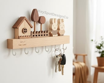Hölzerne Wand-Schlüssel-Halter-Regal mit Haken niedliches Häschen-Haus-Dekor-Naturholz-Entryway-Organisator-rustikales minimalistisches Hauptlagerregal