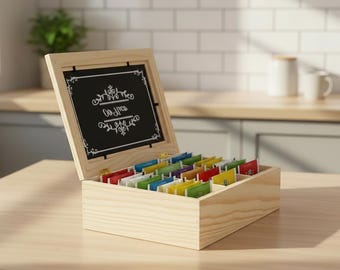 Wooden Tea Box Organizer with Lid, 6 Grid Tea Bag Storage Holder, Rustic Kitchen Counter Decor, Tea Lover Gift Idea