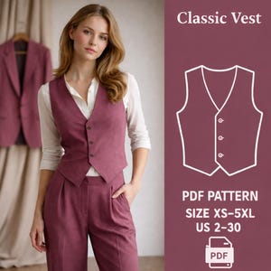 Op de afbeelding: Een vrouw draagt een mauve vest, een wit overhemd en een bijpassende broek. Op de achtergrond is een blazer te zien. De afbeelding bevat de tekst "Classic Vest" en "PDF Pattern" met maat informatie.