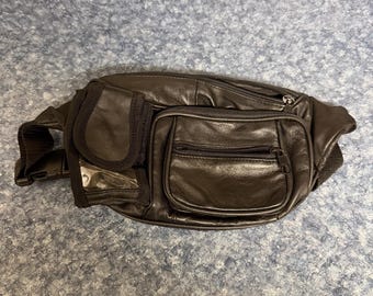 90s Black Leather Fanny Pack Adjustable Belt w/ Flip-Phone Pocket!!