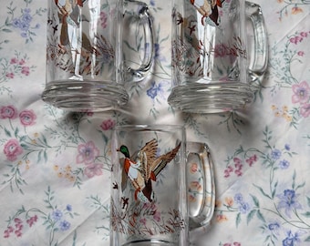 3 Libbey Glass Mallards Ducks Beer Stein Mug Gamebird Sportsman