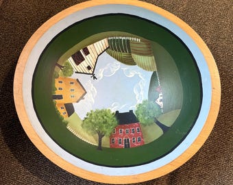 Vintage Hand Painted Folk Art Wood Bowl Farm Scene Barn Signed Decor