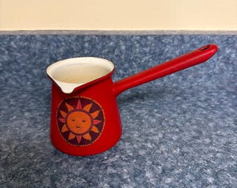 Vintage Red Tin Coffee Pot Milk Warmer Pour Spout Celestial Sun Moon Stars Decor