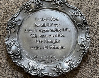 Vintage Pewtarex York Pennsylvania Bread Tray: Religious Wall Decor Pewter Plate I Asked God For…