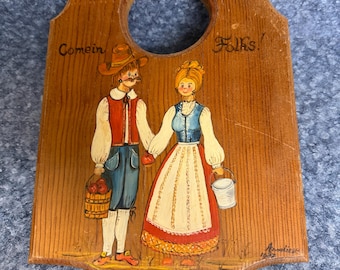 Vintage Hand Painted Wood Mid Century Folk Art Welcome Come In Folks