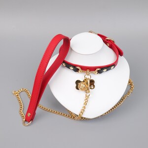 Puede incluir: Juego de collar y correa para perro rojo y negro con detalles dorados. El collar presenta un dije en forma de hueso y una cadena dorada. La correa es roja y tiene un cierre dorado a juego.