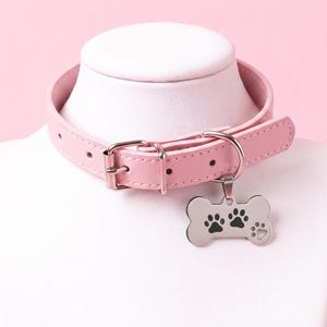 May include: A light pink collar featuring a silver-toned metal buckle and a matching D-ring. Attached to the D-ring is a silver-toned bone-shaped pet tag engraved with three black paw prints of varying sizes.