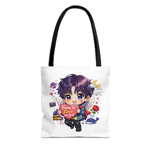 Chibi Boy Design Become the Love you Seek Holding Heart Illustration Tote Bag | Cute Anime Character AOP
