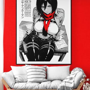 May include: Black and white anime-style poster featuring a female character with short black hair, a red scarf, and a military-style jacket. The poster includes Japanese text and character details. The character is seated at a table.