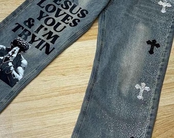 Custom Rhinestone Cross Jeans – Jesus Loves You Streetwear Denim Pants