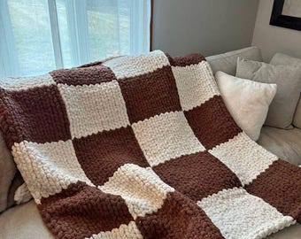 Chunky Knit Blanket, Soft Cozy Throw, Brown White Checkered Home Decor