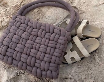 Handwoven Chunky Tote, Soft Fabric Shoulder Bag, Minimalist Summer Beach Bag