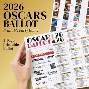 May include: A printable 2026 Oscars ballot party game. The ballot features a list of movie titles and categories for the Academy Awards. The ballot is held by a person. The text "OSCARS BALLOT" is at the top.