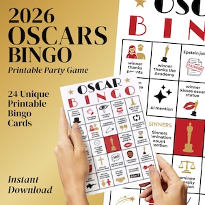 May include: A printable 2026 Oscars Bingo game with a red and white design. The game includes 24 unique bingo cards and features phrases like "winner thanks the Academy" and "DiCaprio girlfriends joke". The words "Instant Download" are also visible.