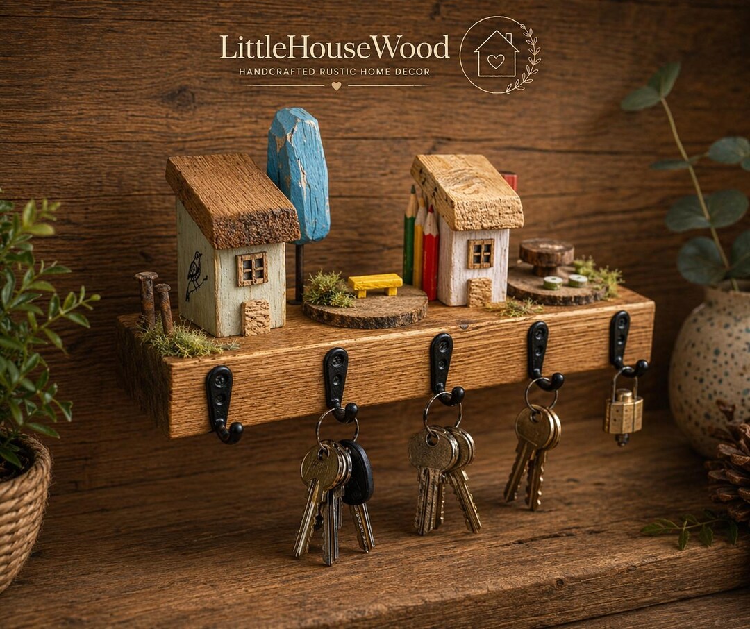 Mini Wooden House Key Holder Handmade Cozy Decor Entryway Wall ...