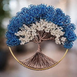 Handmade Wire Tree of Life Wall Hanging – with Blue Wire Leaves & White Beads