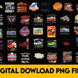 May include: A digital download PNG file featuring a grid of colorful Cars movie-themed graphics. The designs include various characters, logos, and phrases like "Lightning Speed" and "Radiator Springs." The background is black with a yellow banner at the bottom.