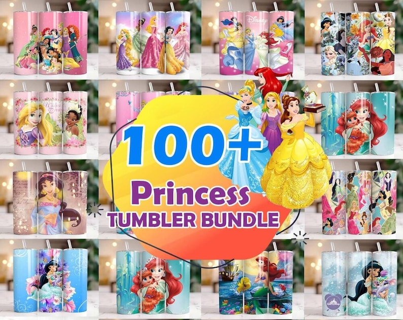 Más de 100 envoltorios de vasos delgados de princesas de Disneyland (PNG), diseño de vaso de princesa (PNG), paquete de vasos de princesas Bella Ariel Aurora, descarga instantánea imagen 1