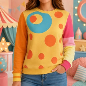 May include: A long-sleeve crewneck sweatshirt featuring a yellow base with large orange polka dots and a prominent blue circular graphic on the chest. The left sleeve is solid orange, while the right sleeve features color-blocked pink and yellow.