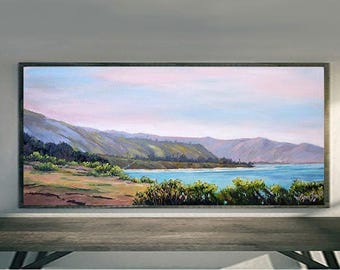 Lámina artística «Resplandor matutino de los acantilados de Carpinteria», lienzo con bastidor, arte mural costero