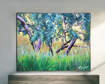 Oak Tree landscape prints on fine art paper, gallery wrap canvas and gallery wrap canvas in float frame, oak trees in meadow painting,