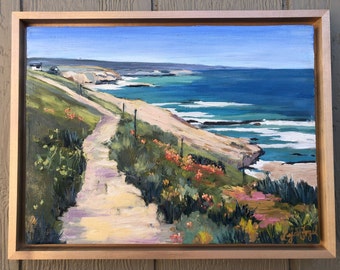 Ocean original painting 12" x 16" framed, Cambria Beach art, Seascape painting, Ocean dunes oil painting, ocean painting framed, original a