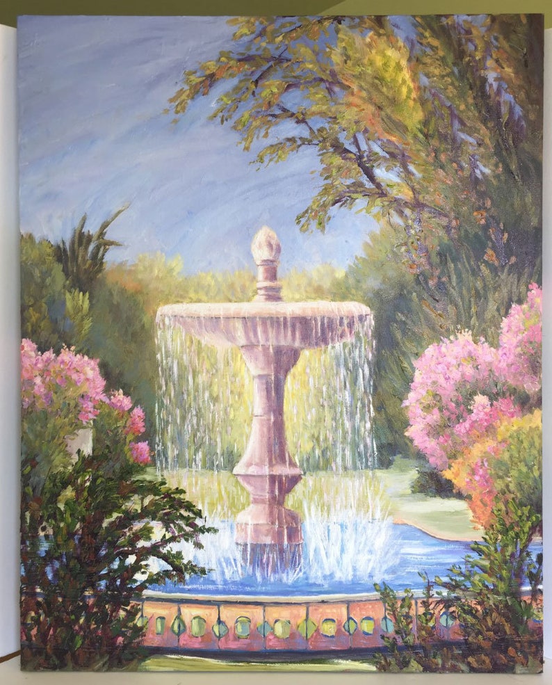 Fountain painting 24x30 original garden art floral Etsy