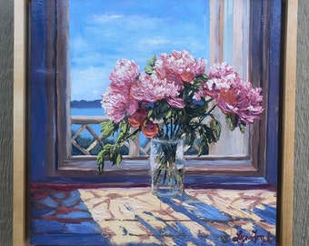 Peony floral original oil painting 12" x 12" canvas in float frame, floral portrait of peonies, Oil painting of peonies, Pink flower art