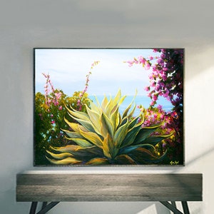 Agave prints on fine art paper, gallery wrap canvas and gallery wrap canvas in float frame,  Blue Agave, bougainvillea, agave painting