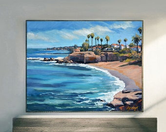 Laguna Beach painting on fine art paper, gallery wrap canvas and gallery wrap canvas in float frame, California coast art prints