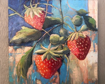 Strawberries original oil painting 12" x 12" canvas mounted on birch wood, fruit wall art, strawberries on canvas framed,