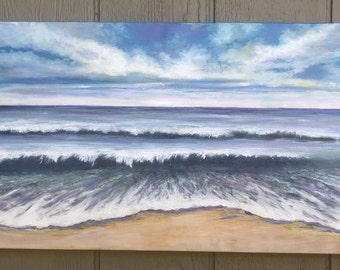 Ocean wave original 15"x30" oil painting on gallery wrap canvas, Ocean Landscape panoramic original art