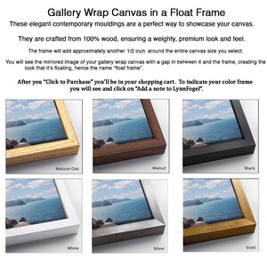 The image is a gallery wrap canvas in a float frame, showcasing a painting of a serene body of water with a rocky shoreline.