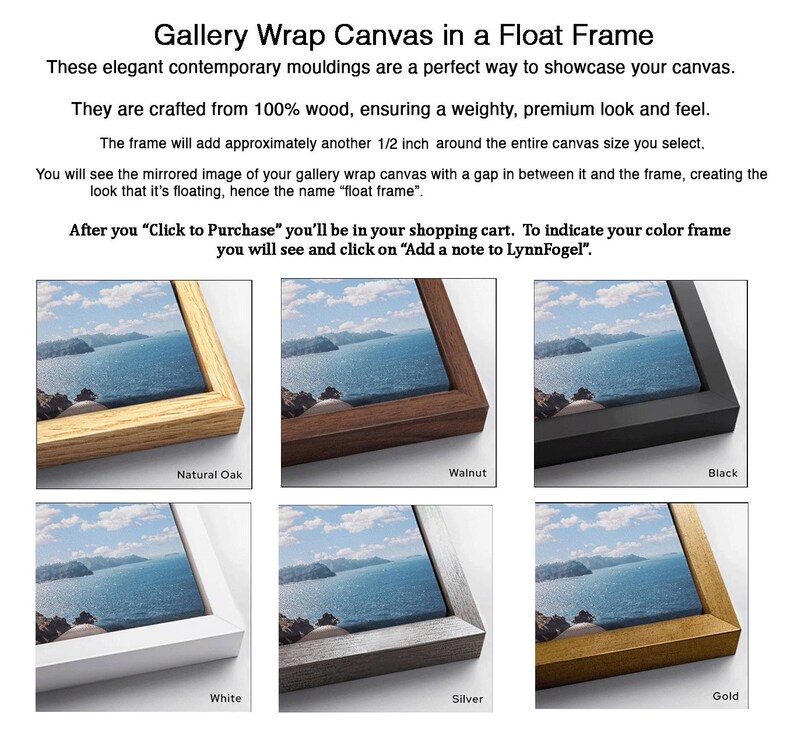 The image is a gallery wrap canvas in a float frame, showcasing a painting of a serene body of water with a rocky shoreline.