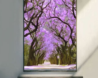 Jacaranda tree prints on fine art paper, gallery wrap canvas and gallery wrap canvas in float frame, jacaranda painting in prints