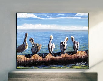 Pelican art painting in paper and canvas prints with optional framing.