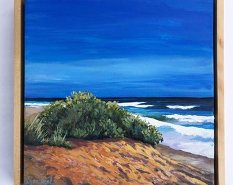 Ocean original oil painting 12" x 12" in float frame, Seascape painting, Ocean dunes oil  painting, ocean painting on canvas