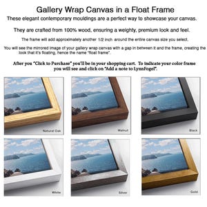 The image is a gallery wrap canvas in a float frame, showcasing a painting of a serene body of water with a rocky shoreline.