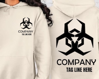 Könnte beinhalten: Cremefarbener Kapuzenpullover mit schwarzer Grafik auf Vorder- und Rückseite. Die Vorderseite zeigt ein geometrisches Design mit dem Text "COMPANY TAG LINE HERE" darunter. Die Rückseite zeigt eine größere Version derselben Grafik und Text.