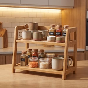 May include: A two-tiered bamboo spice rack with glass jars of spices and small ceramic mugs. Spices include cumin, paprika, and oregano. The mugs are in shades of beige and brown.