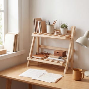 Puede incluir: Una estantería de madera clara de dos niveles con libros, cuadernos y una pequeña suculenta en maceta. La estantería contiene una taza, una caja de madera y un par de gafas. Una lámpara de escritorio y una taza amarilla están en el escritorio.