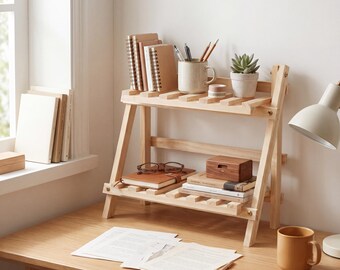 Estantería de escritorio de madera de 2 niveles, organizador minimalista para escritorio de oficina.