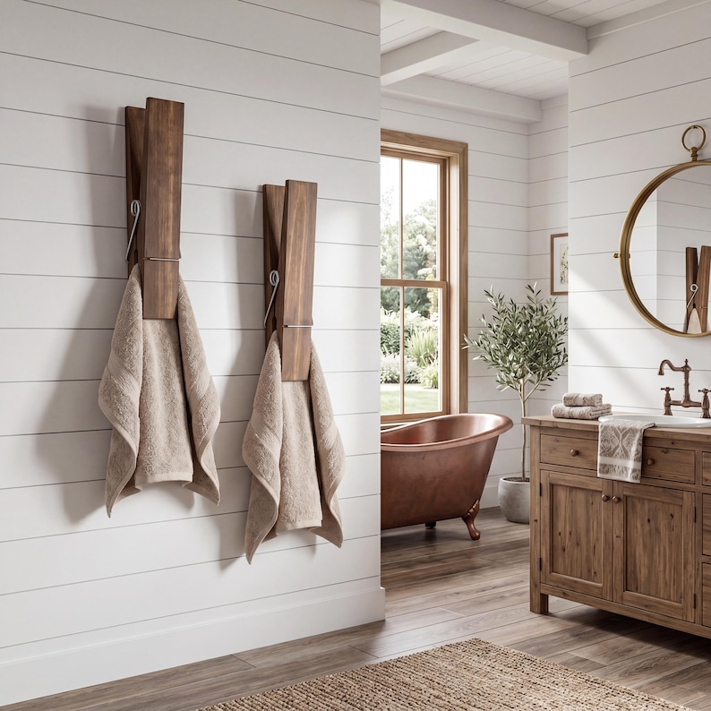 May include: Two wooden clothespin-style towel holders mounted on a white wall, each holding a beige towel. The holders have a dark brown finish and a silver metal hinge. The bathroom has a rustic, spa-like aesthetic.